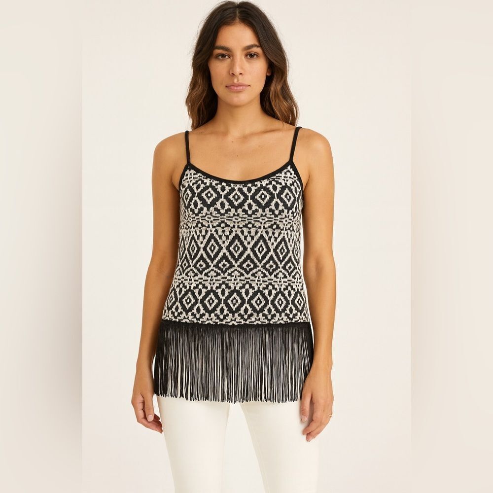 Freeway Black & White Tribal Fringe Tank Top Boho Festival Style sz M